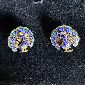 Vintage Peacock Enameled Filagree Screw Back Earrings